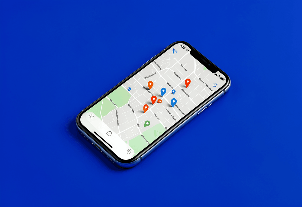 Smartphone on royal-blue background displaying local map with nearby business location pins