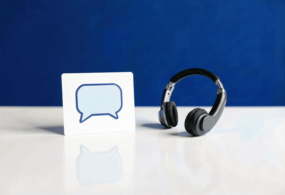 Chat bubble card and headset side by side on blue studio background representing bot vs human support choice