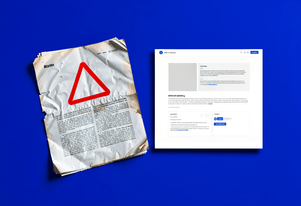 PDF document with warning triangle symbol contrasted with clean modern webpage mockup on royal-blue background