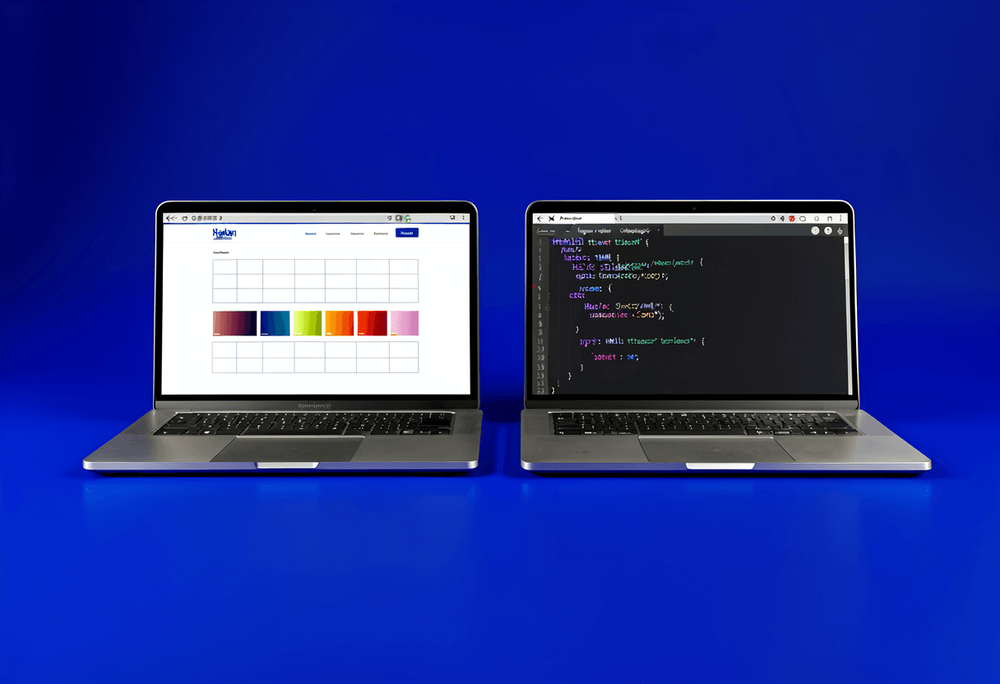 Two laptops side by side on royal-blue background, left showing web design interface, right showing code editor