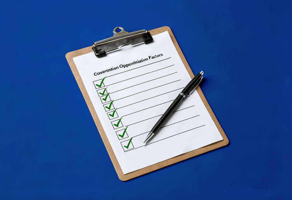 Clipboard with checklist document and pen on royal-blue background showing conversion optimization items