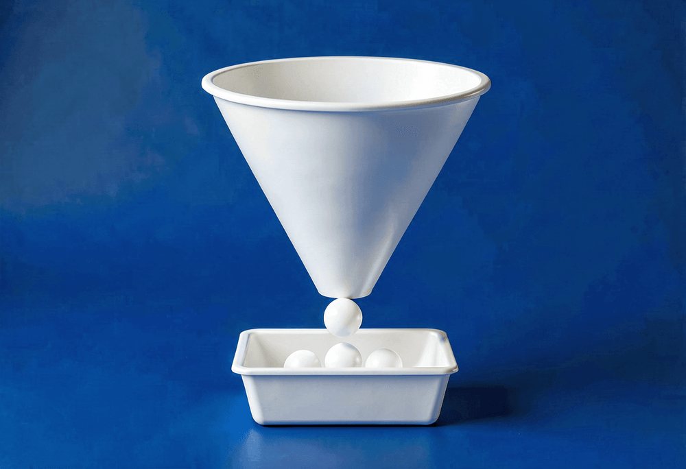 White funnel with spheres flowing through representing visitor-to-lead conversion